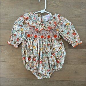 Stitchy Fish -  Fall Floral Smocked bubble romper with pumpkins, 3-6 months